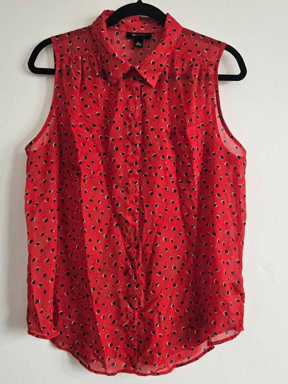 AB Studio L Large Sheer Red Dots White Black Sleeveless